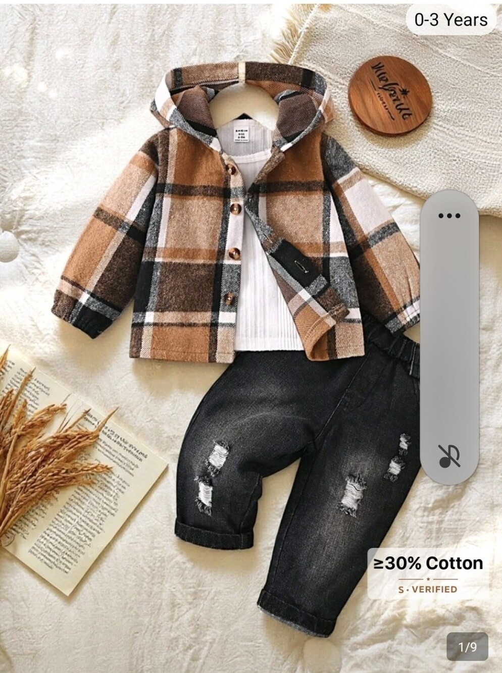 SHEIN Brown Plaid Hooded Jacket with Distressed Black Jeans Set